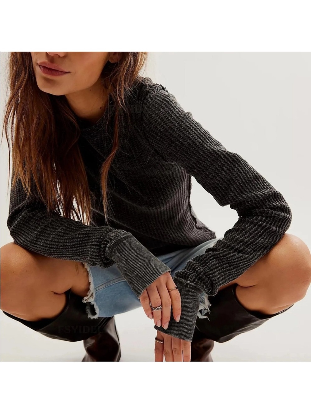 Free People Roll With It Long Sleeve Waffle Knit Thermal Tee Washed Black L